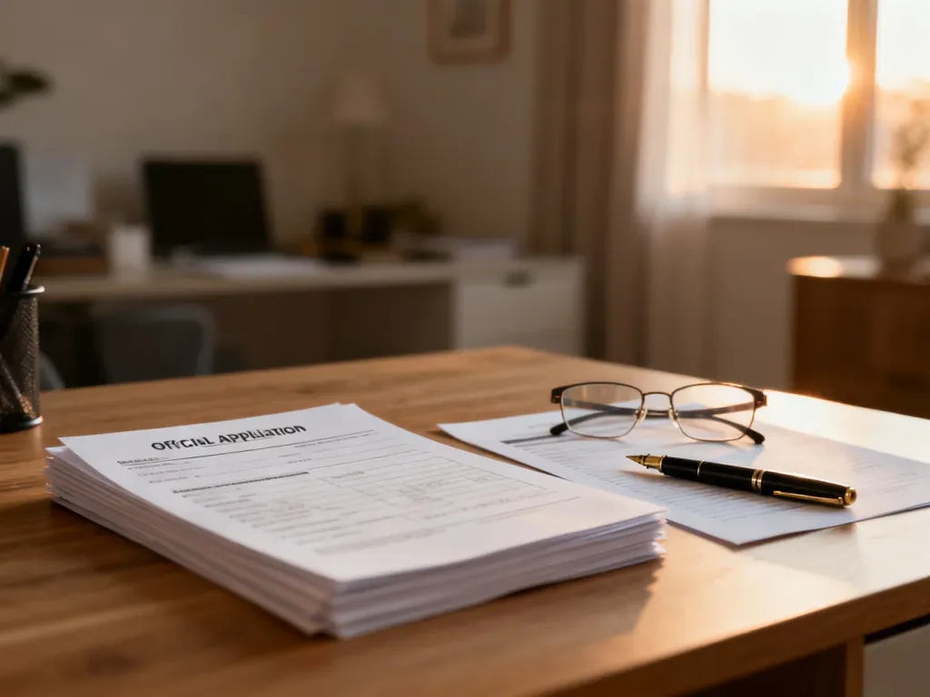 Na drewnianym biurku leżą formularze wniosku, pióro i okulary, przygotowane do wypełnienia dokumentów urlopowych.