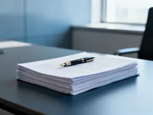 Przytulne, minimalistyczne biuro domowe z ciepłą herbatą i notatnikiem, sprzyjające spokojnej pracy w czasie ciąży.