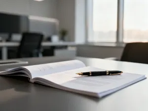 Stos dokumentów z piórem na biurku, symbolizujący formalną umowę o pracę w nowoczesnym biurowym otoczeniu.