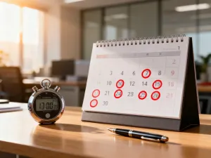 Biurko z dokumentami HR i smartfonem wyświetlającym zwolnienie lekarskie, symbolizujące formalne zgłoszenie nieobecności.