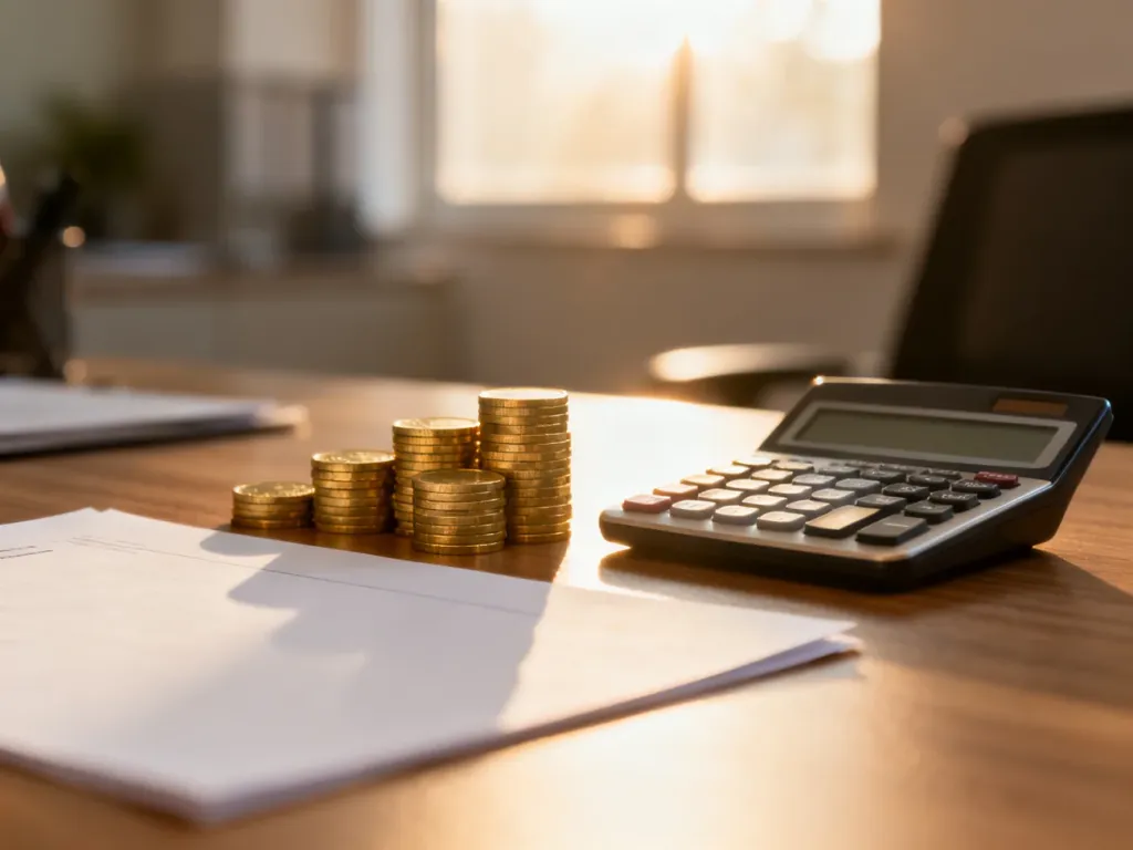 Stos pieniędzy i kalkulator na biurku, symbolizujące kwestie finansowe oraz planowanie wynagrodzenia.