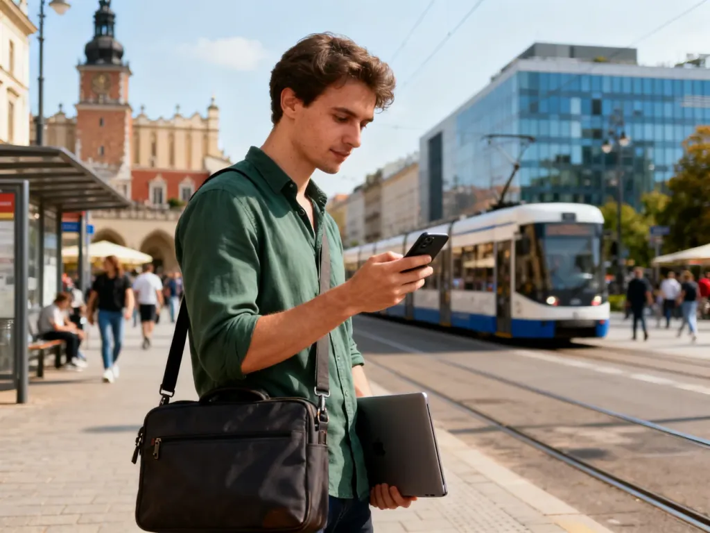 Młody mężczyzna przy przystanku tramwajowym w Krakowie przegląda oferty pracy na smartfonie, miasto w tle, no text on the picture