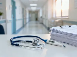 Stos dokumentów prawnych z czerwoną pieczątką zwolnienia na biurku w biurze, symbolizujący proces rozwiązania umowy o pracę.