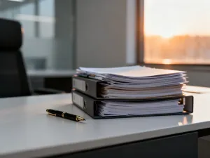 Puste kartki papieru, pióro i koperta na biurku, przygotowane do napisania wypowiedzenia umowy.