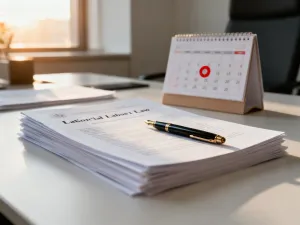 Podpisana umowa o pracę z piórem wiecznym na biurku, symbolizująca formalne zakończenie stosunku pracy.