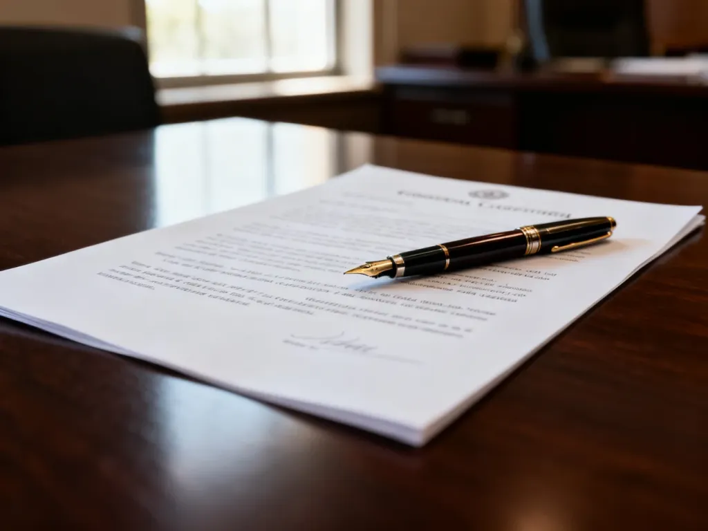 Formalny dokument prawny z piórem wiecznym na biurku, symbolizujący proces rozwiązania umowy o pracę.