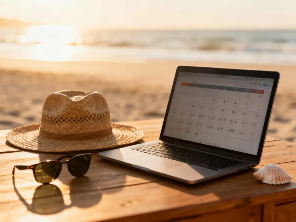 Laptop z kalendarzem obok słomkowego kapelusza i muszli na tle plaży, symbolizujący równowagę między pracą a wypoczynkiem.