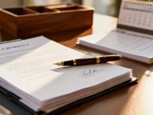 Podpisana umowa leżąca na biurku, symbolizująca formalne zatrudnienie pracownika na umowę zlecenie.