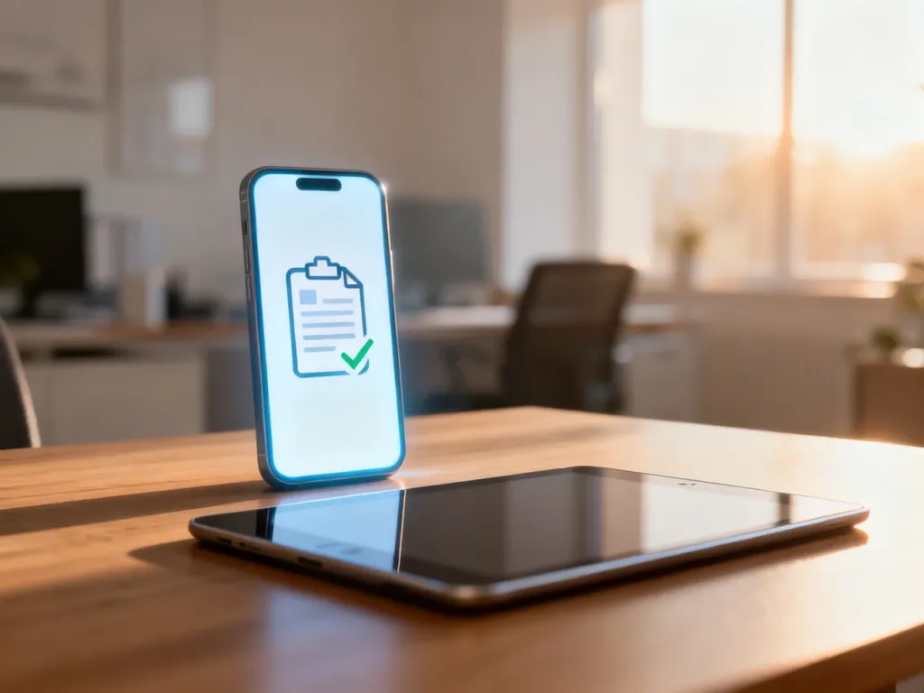Smartfon z ikoną dokumentu medycznego na ekranie, symbolizujący elektroniczny dostęp do zwolnień lekarskich w IKP.