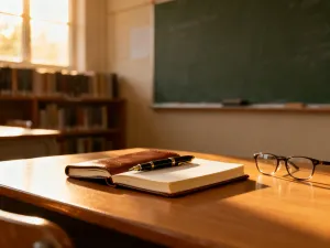 Termometr, zabawka i dokumenty na biurku, symbolizujące opiekę nad chorym dzieckiem w domowym zaciszu.
