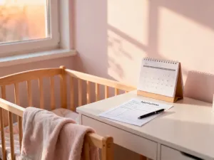 Biurko z planerem, piórem i tabletem z arkuszem kalkulacyjnym, symbolizujące profesjonalne prowadzenie ewidencji czasu pracy.
