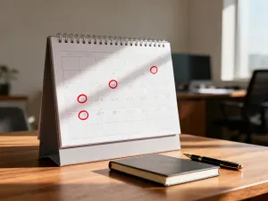 Minimalistyczne domowe biuro z laptopem i kawą, symbolizujące równowagę między pracą a opieką nad dzieckiem.
