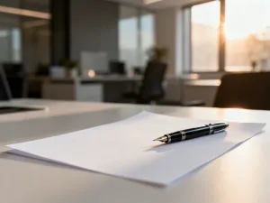 Wypełniony formularz ewidencji czasu pracy na biurku z piórem i okularami, symbolizujący profesjonalne zarządzanie czasem.