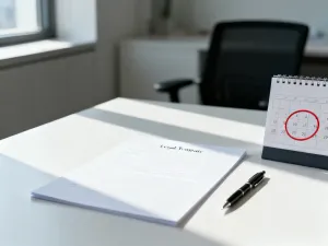 Puste dokumenty prawne z piórem na biurku w profesjonalnym biurze, symbolizujące przygotowanie wniosku o zmianę czasu pracy.