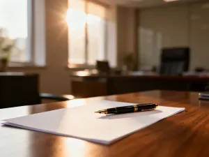 Biurko z kalendarzem wskazującym koniec miesiąca oraz dokumentami finansowymi, symbolizujące rozliczenie po ustaniu pracy.