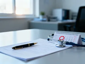 Dokumenty medyczne i kalendarz na biurku w biurze, symbolizujące proces kontroli zwolnień lekarskich przez pracodawcę.