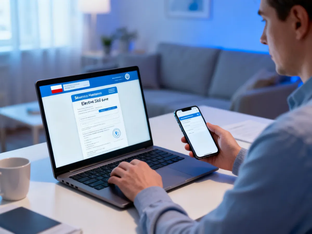 Osoba sprawdzająca elektroniczne zwolnienie lekarskie na laptopie i smartfonie