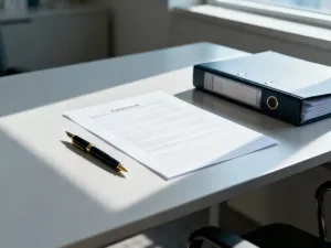 Stos dokumentów z okularami na biurku, symbolizujący formalności związane z weryfikacją zwolnień lekarskich.