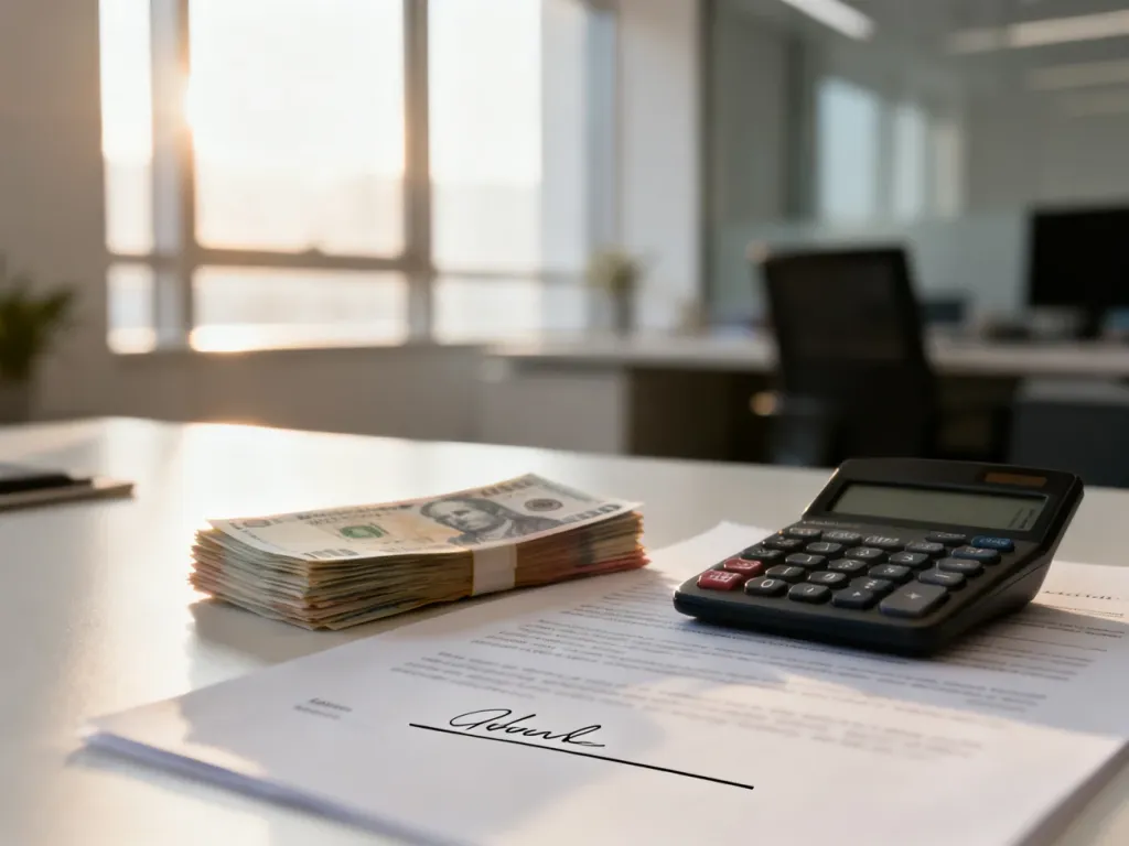 Stos dokumentów, kalkulator i gotówka na biurku, symbolizujące rozliczenia finansowe i kwestie prawne wynagrodzenia.