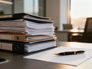 Puste dokumenty prawne z piórem na biurku w profesjonalnym biurze, symbolizujące przygotowanie wniosku o zmianę czasu pracy.