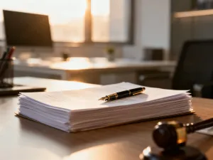 Puste dokumenty na biurku z piórem, gotowe do podpisania umowy o pracę w profesjonalnym biurowym otoczeniu.