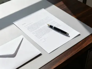 Stos dokumentów prawnych i pieczątka na biurku, symbolizujące formalne aspekty upadłości firmy.