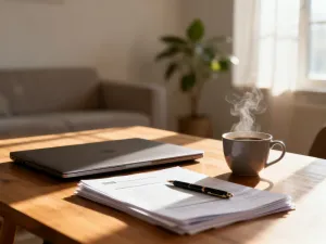 Nowoczesne stanowisko pracy z tabletem wyświetlającym foldery plików, symbolizujące cyfryzację akt osobowych.