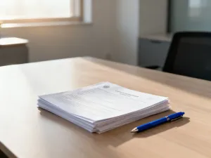 Stos pieniędzy i kalkulator na biurku, symbolizujące kwestie finansowe oraz planowanie wynagrodzenia.