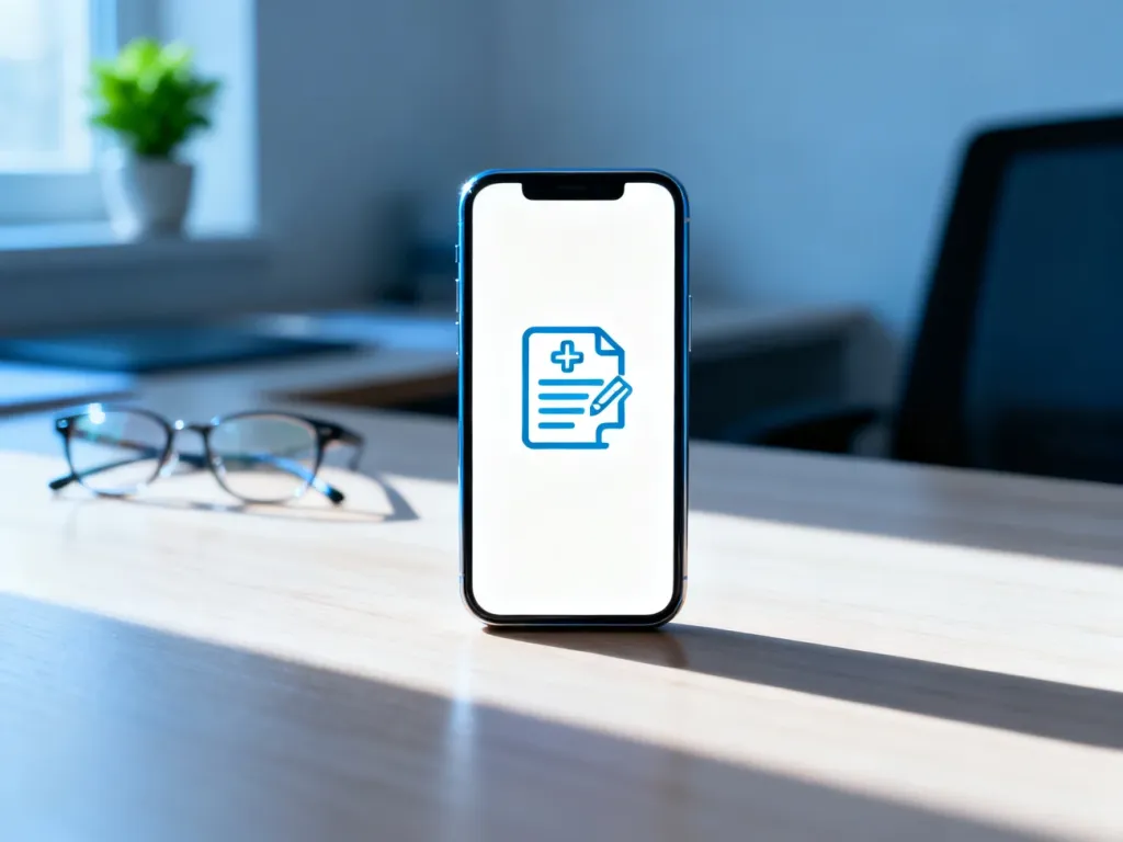 Smartfon z ikoną dokumentu medycznego na ekranie, symbolizujący elektroniczne zwolnienie lekarskie w domowym biurze.