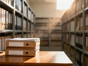 Dokumenty wypowiedzenia umowy o pracę oraz zwolnienie lekarskie leżące na biurku w pustym biurze.