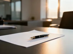 Biurko z kalendarzem i dokumentem umowy, symbolizujące planowanie okresu wypowiedzenia w profesjonalnym biurze.