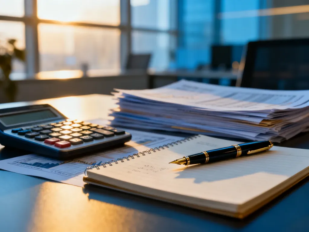 Biurko z kalkulatorem i dokumentami finansowymi, symbolizujące rozliczanie kosztów zatrudnienia pracownika.