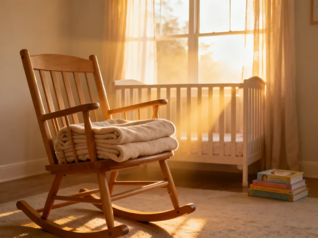Przytulny, minimalistyczny pokój dziecięcy z kołyską i fotelem, tworzący spokojną atmosferę sprzyjającą opiece nad dzieckiem.