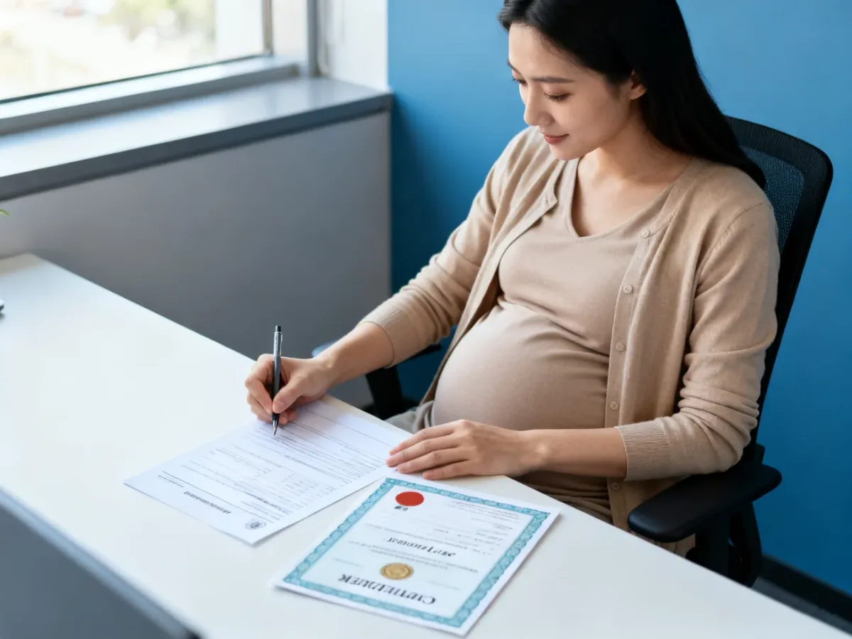 Ciężarna pracownica składająca dokumenty dotyczące urlopu macierzyńskiego