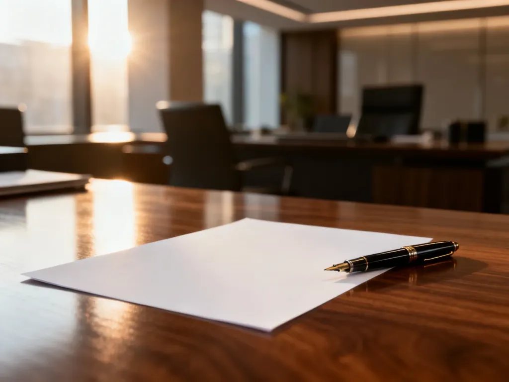 Czysta kartka papieru i pióro na biurku, symbolizujące przygotowanie formalnego wypowiedzenia umowy o pracę.