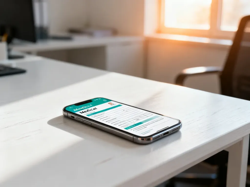 Smartfon z cyfrowym formularzem zwolnienia lekarskiego na biurku, symbolizujący proces uzyskiwania L4 online.