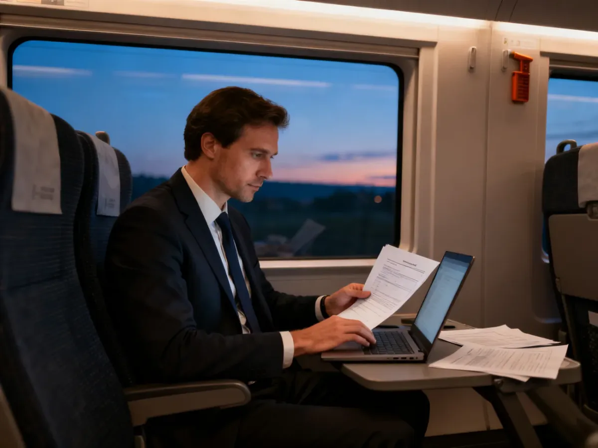 Pracownik wykonujący obowiązki służbowe na laptopie podczas podróży pociągiem