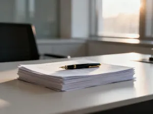 Przytulne domowe biuro z laptopem i dokumentami, symbolizujące równowagę między pracą a życiem rodzinnym.