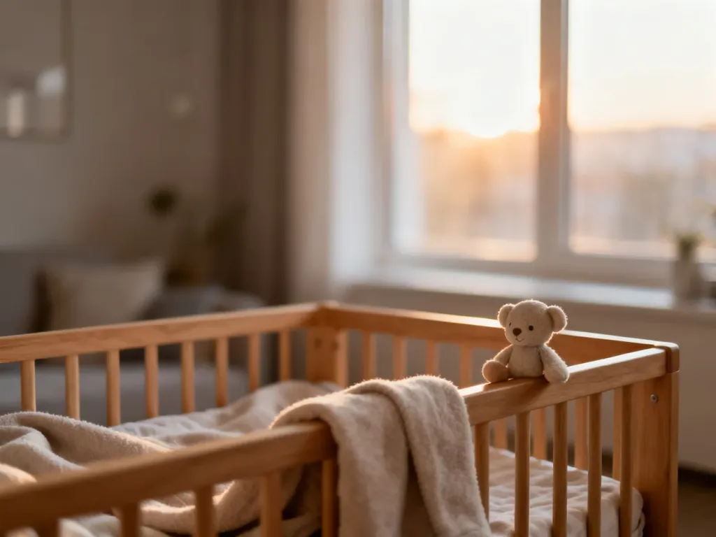 Przytulny, nowoczesny pokój dziecięcy z drewnianym łóżeczkiem, podkreślający spokojną atmosferę oczekiwania na dziecko.