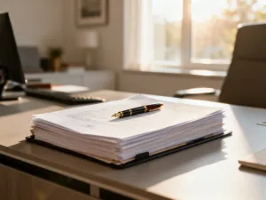 Czysta kartka papieru z piórem na biurku, symbolizująca przygotowanie formalnego wniosku o urlop bezpłatny.