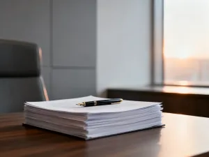 Biurko z kalendarzem i dokumentami, symbolizujące planowanie spraw pracowniczych i kwestii formalnych w biurze.