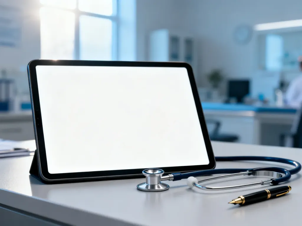 Stetoskop, pióro i tablet na biurku lekarskim, symbolizujące nowoczesną diagnostykę i wystawianie zwolnień lekarskich online.