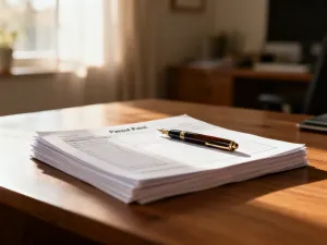 Puste dokumenty prawne z piórem i symbolem medycznym na biurku, symbolizujące relację między umową o pracę a zwolnieniem.
