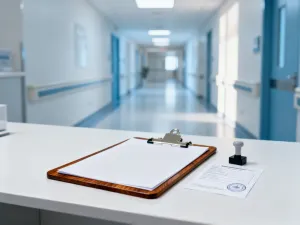 Stos dokumentów prawnych z piórem na biurku w nowoczesnym biurze, symbolizujący formalne rozwiązanie umowy o pracę.