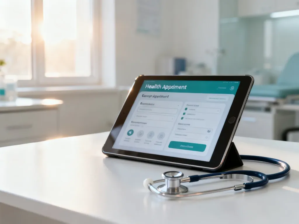 Tablet z interfejsem medycznym i stetoskop na biurku w gabinecie lekarskim, symbolizujące proces umawiania wizyty.
